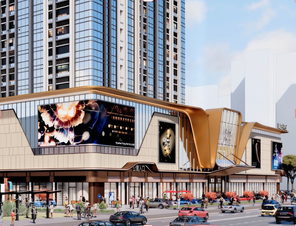 Exterior view of the Ketang Gem Trade Hub shopping mall, a modern jewelry and gemstone marketplace in Ketang city.